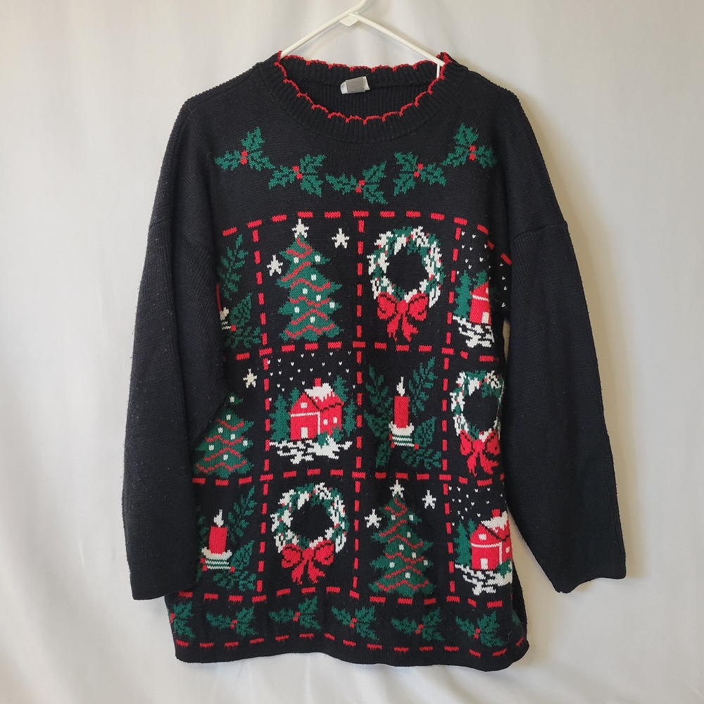 Ship'n Shore Holiday Black Sweater with Festive Designs